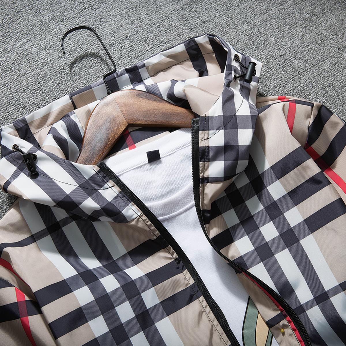 Men's jacket - Full zipper design, with pockets, casual style, perfect for autumn/winter wear, hooded collar, regular cut, checkered pattern, men's jacket.