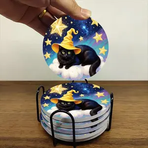 6-piece ceramic coaster set, featuring a magical black cat and starry clouds design. These heat-resistant, non-slip coasters with stands are perfect for home, dining, and as decorative beverage mats.