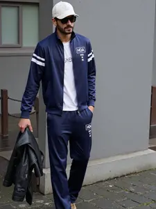 Men's Casual Zipper Cardigan Set, Fitted Collar Top & Elastic Waist Pants, Spring & Fall Fashion, Below the Ankle Length