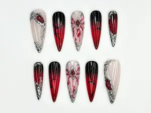 Alice WonderNails – Sylus Love & Deepspace Press On Nails | Vampire Romance Claw Nails | Red Vein Gothic Fantasy Nail Art | Dark Nail Set – AW285