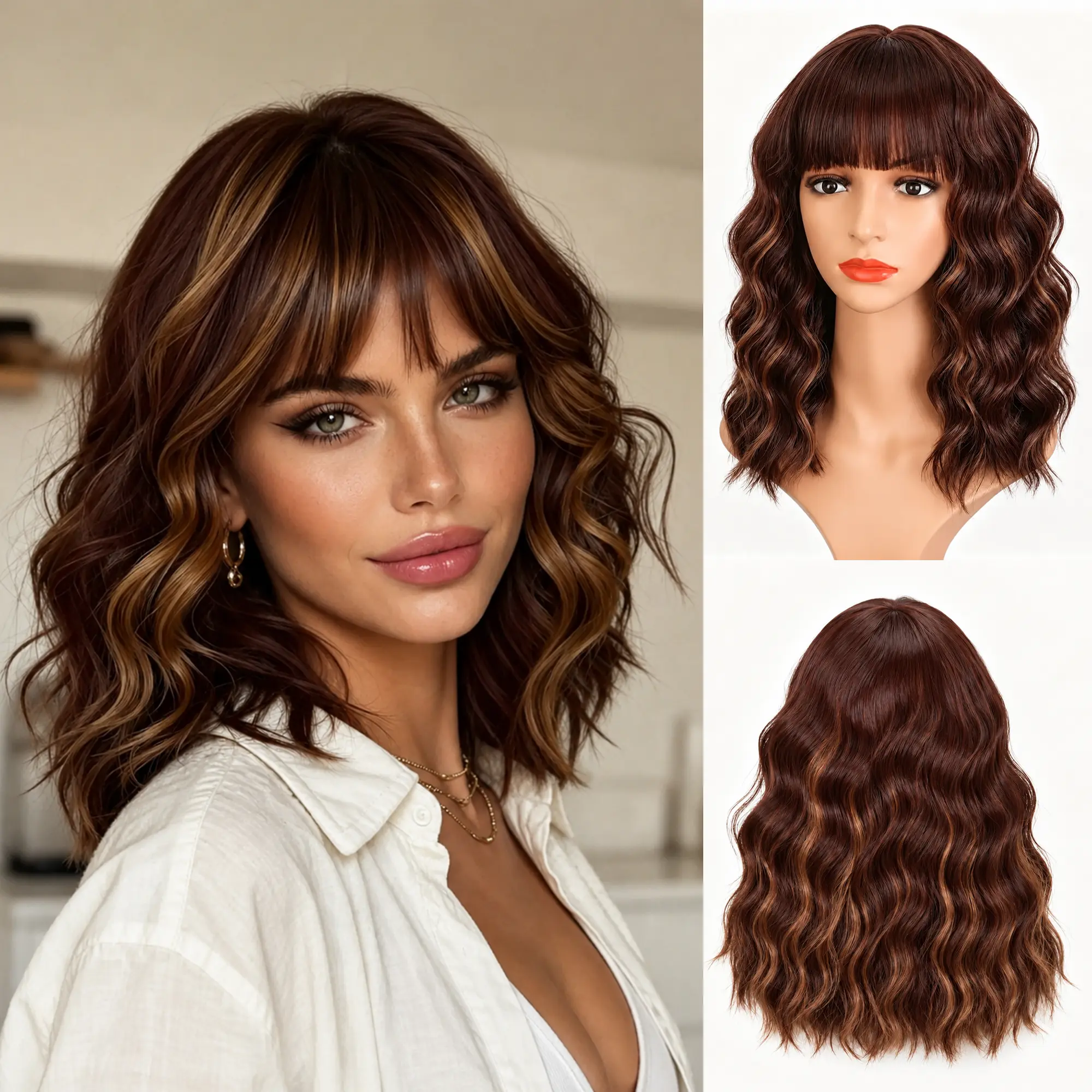 Women's 14in Highlight Brown Bang Synthetic Full Machine Wig, Natural Looking Loose Faux Hair, Comfortable for Daily Wear & Cosplay, Suitable for Multiple Skin Tones, Bang Synthetic Full Machine Wigs, Faux Hair Synthetic Full Machine Wigs