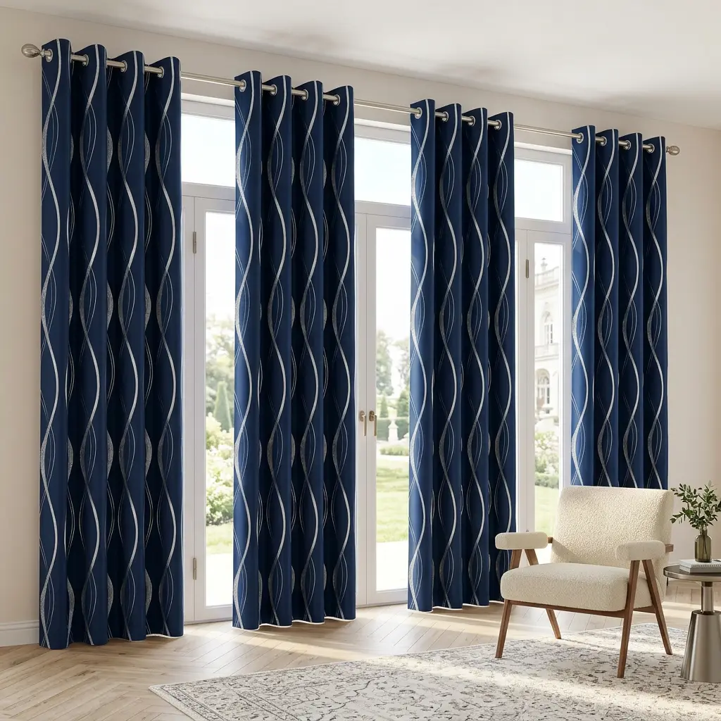 4 Panel Blackout Curtains, Gold Foil Wave Stripe Print, Room Darkening, Natural Drape, window drapes，Fits All Rod Types, Modern Minimalist Room Decor