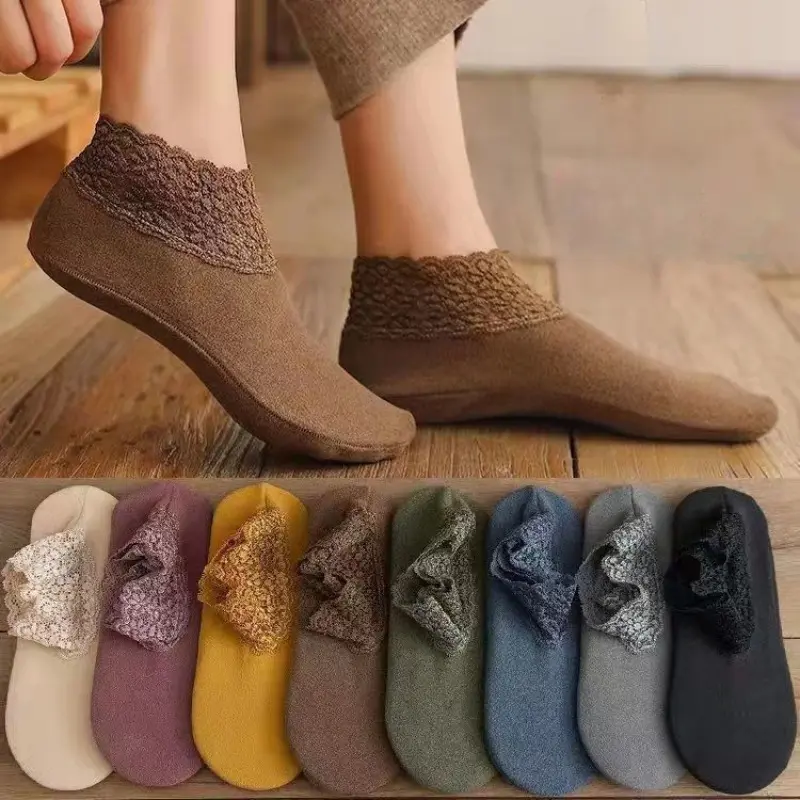 Women's Mixed Color Socks with Invisible Lace Trim, Breathable Comfy Non-Slip Style, Sturdy Reinforced Toe, Breathable Comfy Socks, Simple, Minimalist, Lacy, Anti-Slip Sole, Slip-On Socks