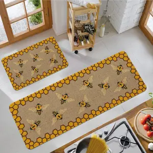 Geometric Bee Pattern Kitchen Runner Rug Set, Square Printed Carpet for Living Room Sofa Bedside, Home Decor, Multiple Sizes Available, Washable Rugs