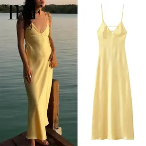 TRAF Yellow Dress Summer Dress For Women Satin Backless V Neck Midi Dresses Elegant Evening Party Dress 2025 Holiday Strap Dress
