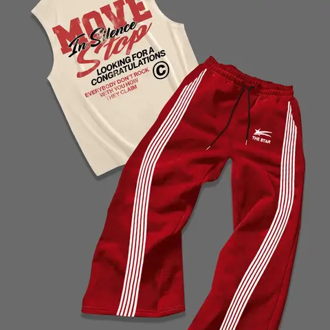 Men's Classic Letter Graphic Tank Top & Bottoms Two-piece Set, Pants Set Outfit, Regular Fit Sleeveless Round Neck Top & Striped Print Sweatpants, for Workout and Outdoor Activities