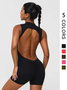 Women's Solid Color Sporty Comfy Jumpsuit, Sexy Tight Fit Sleeveless Backless Design, Fashionable Comfortable Yoga Fitness One-Piece, Backless Sports Jumpsuit, Tight Fitting Jumpsuit, Sportswear Jumpsuits