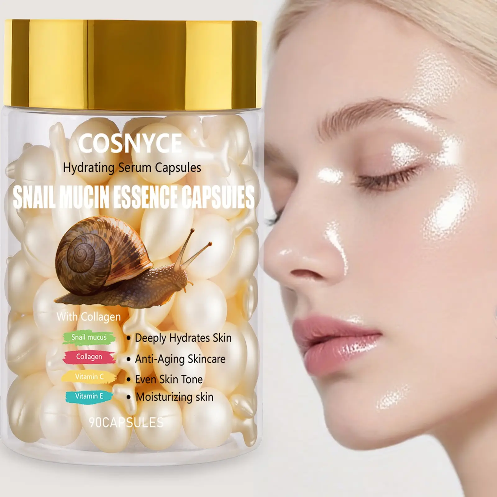 90 Capsules Snail Mucus Essence Capsules, Rich in Vitamin C E Collagen Face Care, Unisex, Ideal Gift, Multi-Functional Smooth Firming, Deeply Hydrates Skin, Moisturizing Skin, Hydrating, Serums, Glossy Finish