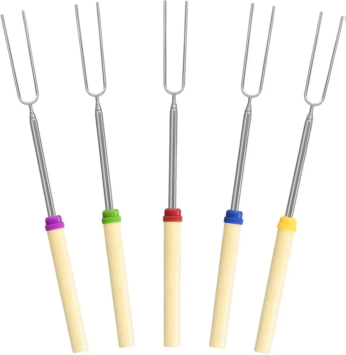 5-Pack Reusable Extendable 32in Metal Barbecue Skewers with Wooden Handle, Colorful Ends, Durable Stainless Steel Telescopic Rods for Camping BBQ Grill Marshmallows Hot Dogs