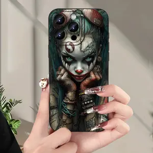 Dark aesthetic clown girl pattern, provides comprehensive camera protection, has anti-impact, anti-drop, anti-fingerprint functions, suitable for iPhone 16 E/15 Pro Max 14 Plus 13/12/11/Samsung Galaxy S22/S23/S24/S25 Ultra FE Plus black mobile phone case