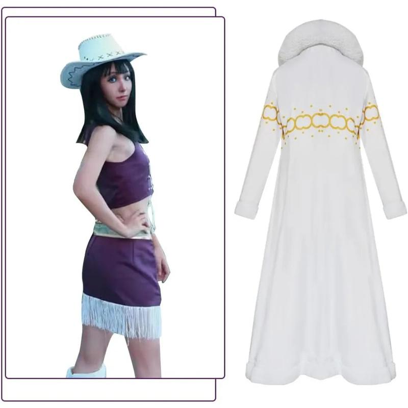 Women Nicos Robin Cosplay Costume, Anime Purple Dress Uniform White Cloak Punk Outfit Halloween for Adult, Novelty Use Costumes