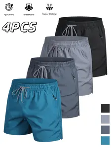 Men’s 4-piece quick-dry athletic shorts set, breathable, stylish, stretchy polyester–spandex blend, solid-color summer casual shorts with pockets