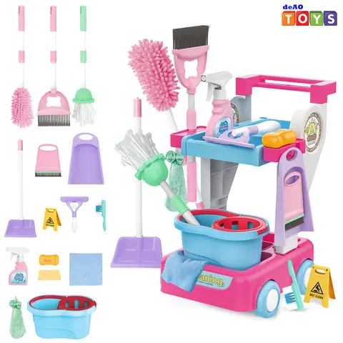 deAO Toy Cleaning Set – Play Housekeeping and Janitor Accessories Cart – Pretend Broom, Mop and Dustpan Brush Duster
