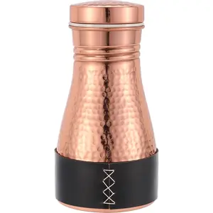 Copper Bedside Carafe 32 oz - Pure Copper Water Carafe with Leakproof Lid, Includes  Jute Placemat & Black Leather Sleeve, Elegant & Durable