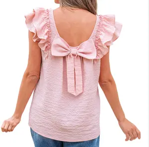 Asvivid Women's Cute Square Neck Textured Blouse with Bow Knot, Frilled Double-Layer Flare Sleeves