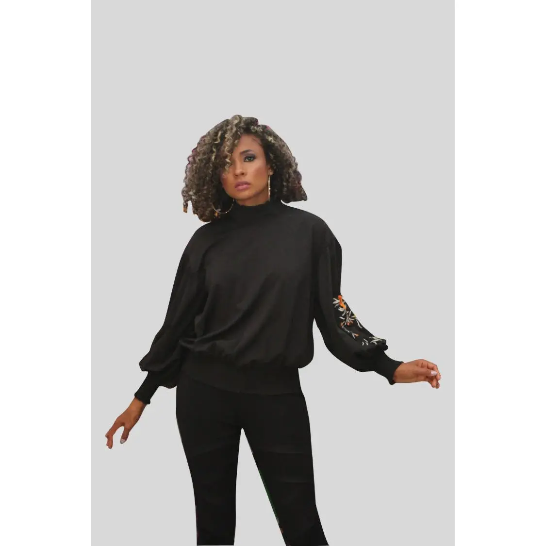 Embroidered Floral Balloon Sleeve Blouse -8782