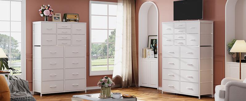 Raybee Furniture 57"H 16 Drawer White Dresser with Wooden Top, Modern Tall Dresser for Bedroom & Chests of Drawers, Large Capacity Storage Cabinets for Bedrooms, Living Room, Entryways