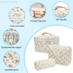 Floral Pattern 3 Counts Travel Cosmetic Bags, Portable Zipper Makeup Organizer Pouches Portable Large Capacity Makeup Bag multifunctional