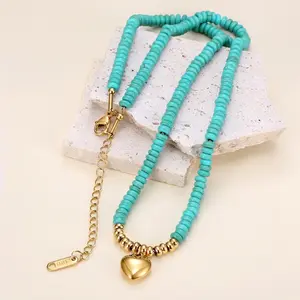 1pc Bohemian Turquoise & Golden Heart-Shaped Bead Necklace - Stainless Steel Multi-Strand with Lobster Claw Clasp, Ideal for Travel & Gifts
