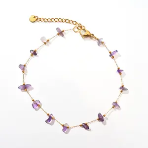 1Pc Purple Stone Gravel Anklet, Stainless Steel Beach Foot Jewelry, Natural Crystal Boho Ankle Bracelet for Summer Outdoor Wear