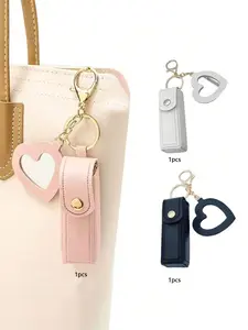 Heart-Shaped Mirror Lipstick Case Keychain Holder, Portable Pocket Makeup Stand, Travel Accessory, Gift for Family and Friends