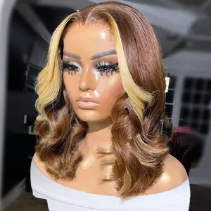 180 Density Two Pieces of #27 Highlights Body Wave Short Bob Wig 13x4 Transparent Lace Frontal Human Hair Wigs Brown Colored Brazilian Remy Human Hair Bob Wig for Women