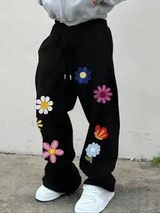Men's Casual Sporty Long Pants, Colorful Floral Pattern Print, Drawstring Wide Leg, Loose-Fitting, All Seasons Wear, Men's Fashion