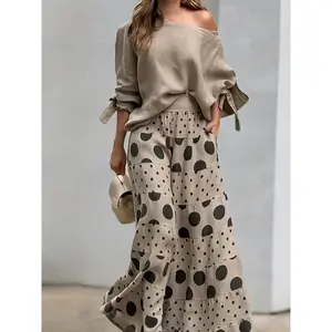 Women’s Two-Piece Off-Shoulder Polka Dot Top and Wide-Leg Pants Set – 100% polyester, three-quarter sleeves, comfortable/fashionable outfit, casual women’s wear, apricot fitted suit