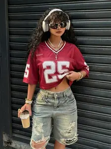 Women's Casual Loose Fitting V-Neck Printed Short Sleeve Sport Top, Satin Mesh Patchwork, Y2K Street Style Vintage Football Jersey Tee, Daily Wear
