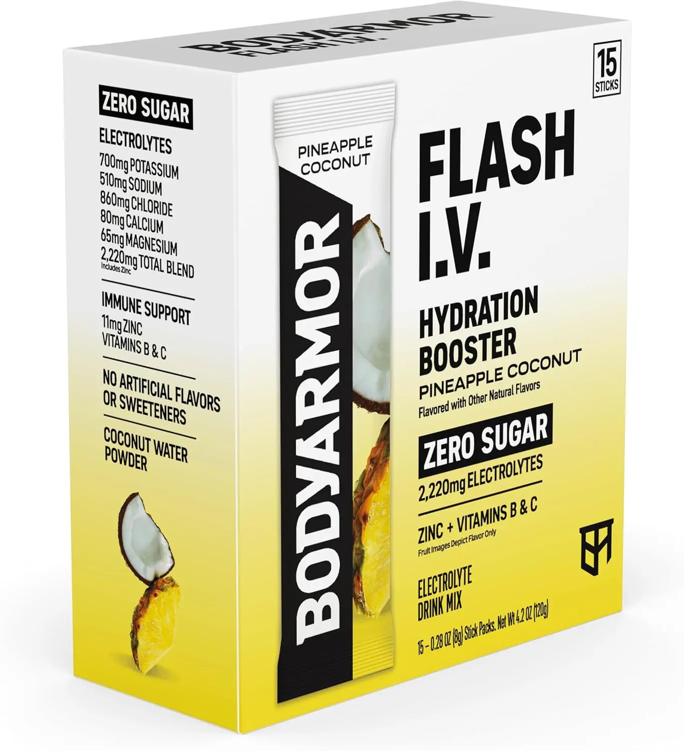 BODYARMOR Flash IV Zero Sugar Electrolyte Mix, Pineapple Coconut, 15 Ct | Sugar-free Electrolyte Powder Hydration Packets, Coconut Water Drink Mix Packet, 2,290mg Electrolytes, Zinc & Vitamins B + C