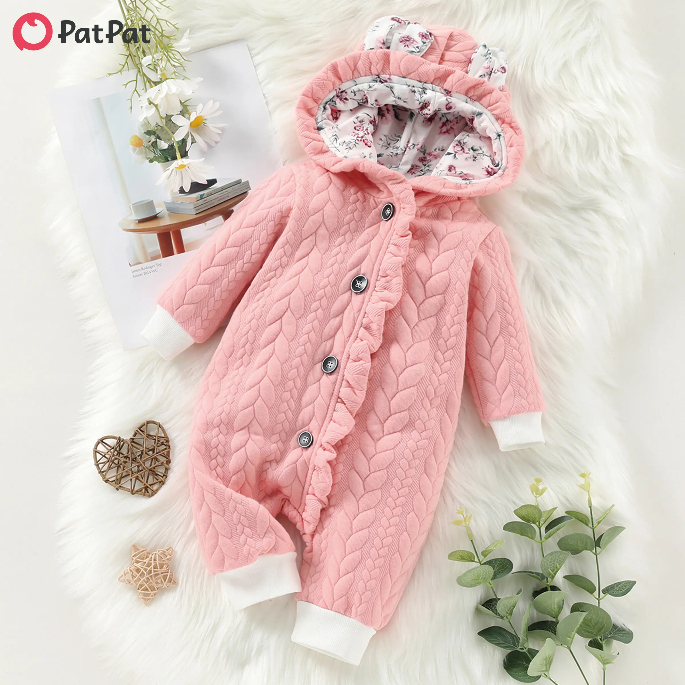 PatPat Bear Style 3D Ears Hooded Pink Thickened Lined Baby Jumpsuit: Long-sleeve, Ruffle, Front Buttons, Sweet for Daily Wear from Home to Winter Outd