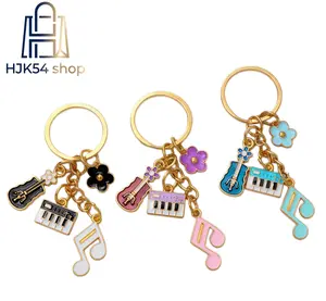 3PCS Music Instrument Enamel Keychains, Cute Guitar & Piano Note Key Rings, Gold Plated Colorful Flower Charms, Mini Keychain Gifts for Music Lovers, Bag & Purse Accessories,summerwins