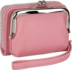 Women's RFID Blocking Wristlet Wallet with  Purse - 9 Card Zipper Organizer, PU Leather RFID Wallets for Women with Kiss Lock & Secure Wrist Strap(Pink)