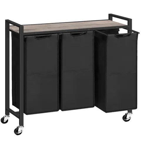 HOOBRO 3-Section Divided Laundry Hamper - Greige & Black Modern Rectangular Portable Multi-Compartment Basket with Wheels, 43.4L Oxford Fabric, Easy-Remove Pull-Out Bags, 3 Liners, Sag-Resistant Bottom Panels, Hook & Loop Lid