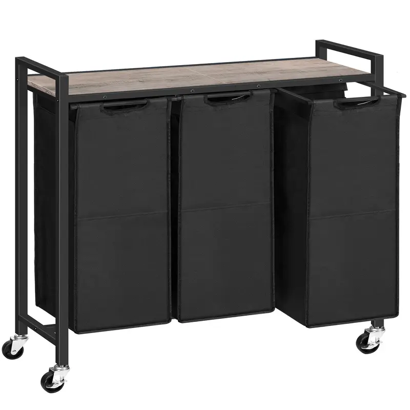 HOOBRO 3-Section Divided Laundry Hamper - Greige & Black Modern Rectangular Portable Multi-Compartment Basket with Wheels, 43.4L Oxford Fabric, Easy-Remove Pull-Out Bags, 3 Liners, Sag-Resistant Bottom Panels, Hook & Loop Lid