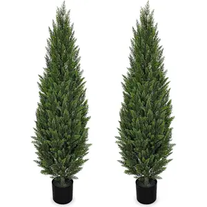 5FT Artificial Cedar Topiary Trees Set of 2 - Realistic Faux Cedar Pines in Pots,  Outdoor Porch & Entryway , -Season Evergreen Decor for Patio, Farmhouse & Holiday