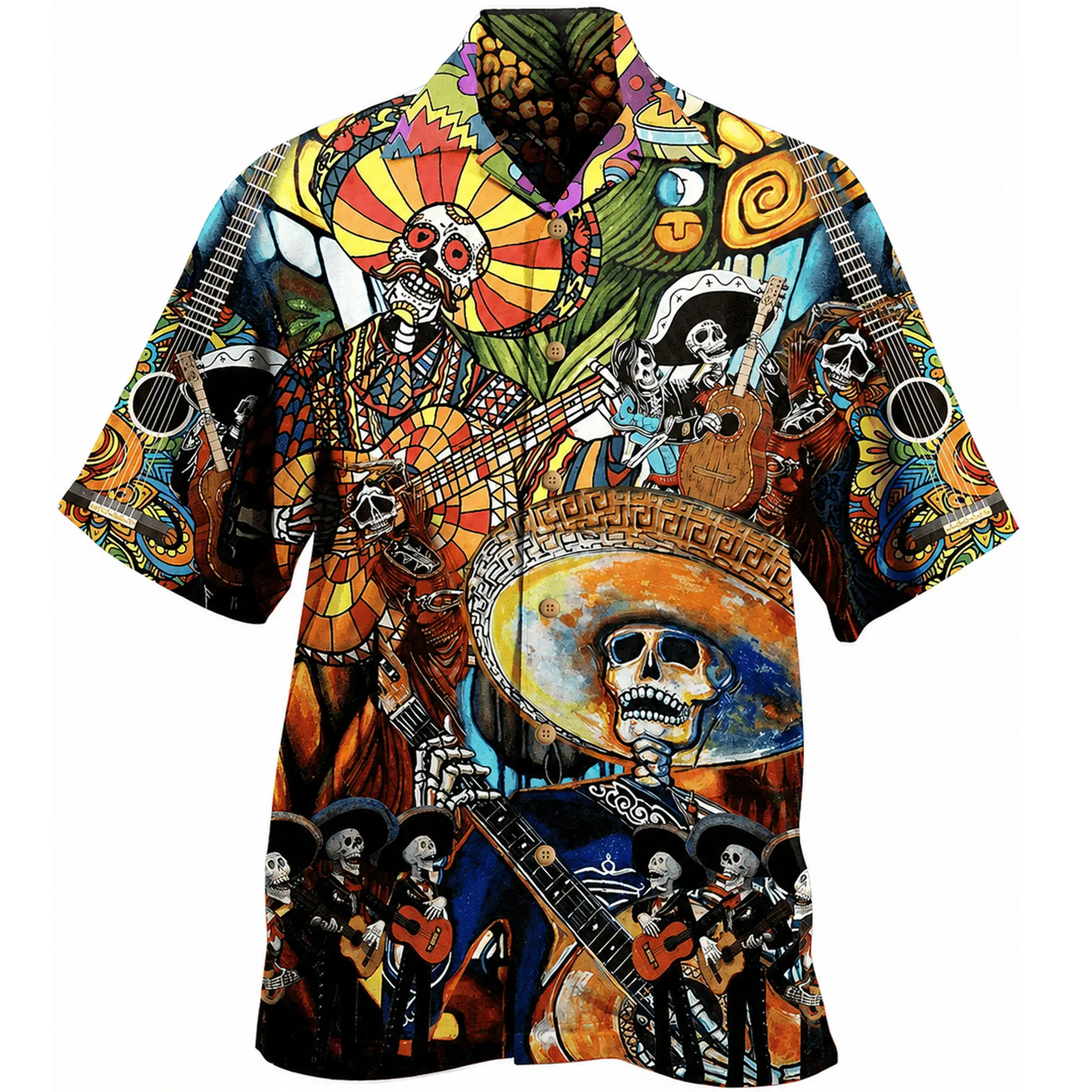 Day of the Dead Hawaiian Shirt, Mariachi Skeleton Button Down Shirt, Colorful Sugar Skull Summer Shirt, Mexican Folk Art Gift