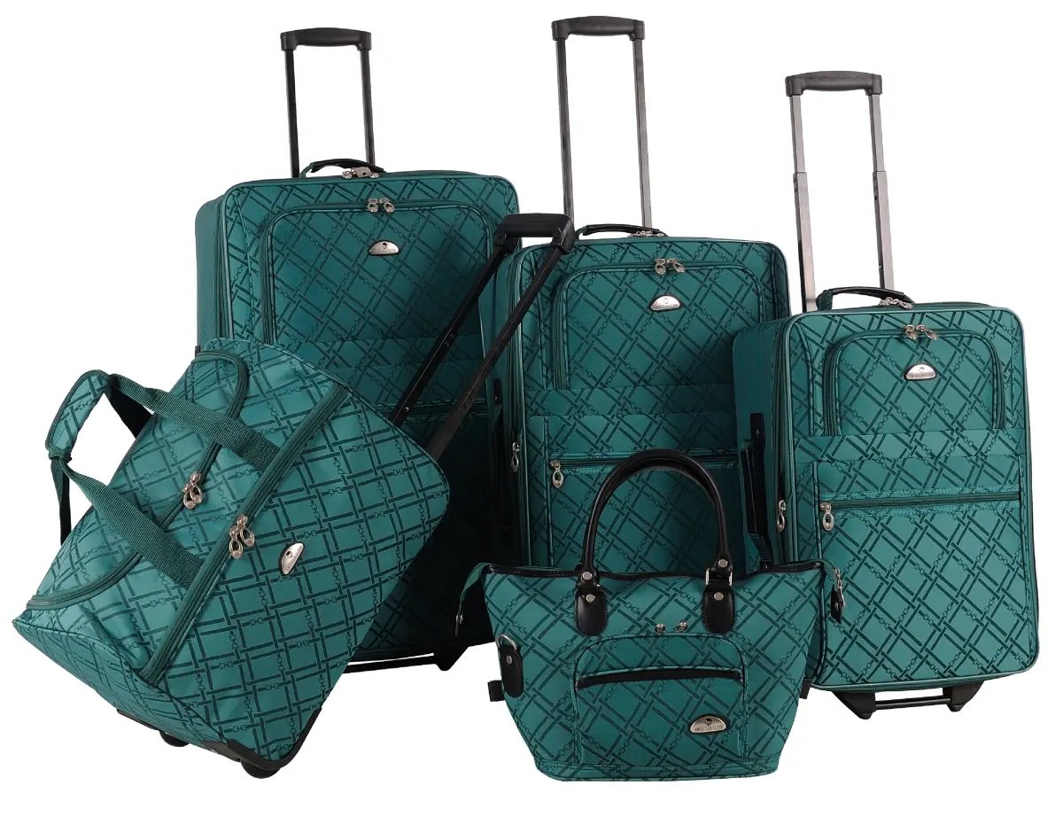 American Flyer 82900-5 Pemberly Buckle Luggage Set - 5-Piece Green Luggage with Pocket, Inline Skate Wheels, 30 lbs Capacity, Detachable Shoulder Strap, Multi-Piece, Travel