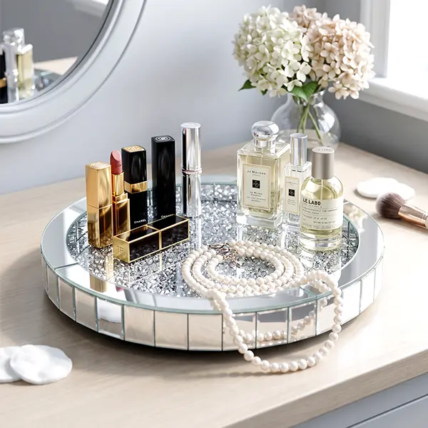 11.8" Crushed Diamond Silver Mirrored Lazy Susan Tray - Vanity Dresser Organizer for Perfume, Jewelry with Easy Access