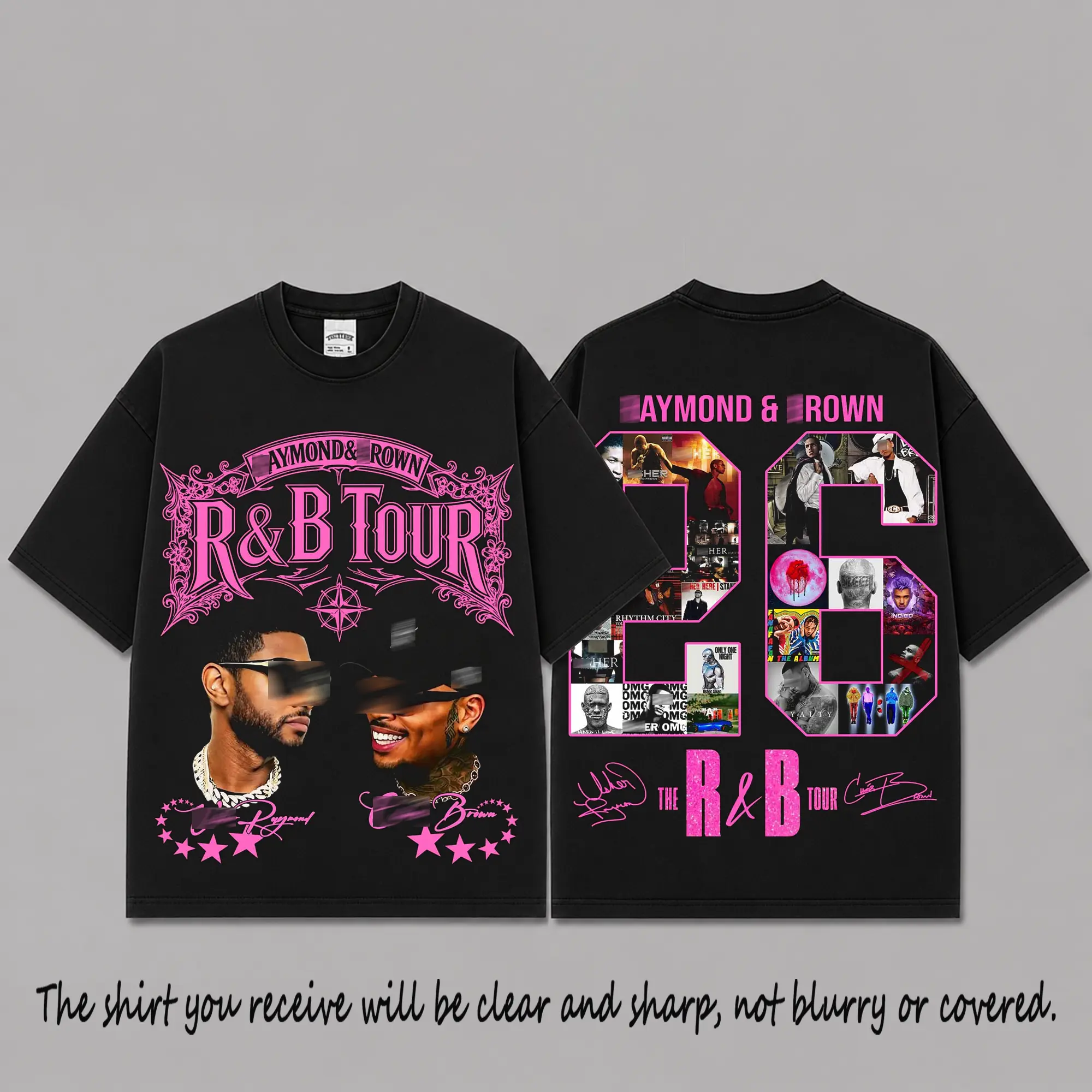 Raymond & Brown 26 R&B Tour Graphic Premium Cotton T-Shirt, Pink Gothic Album Collage Fan Tee, Contemporary Soul Concert Shirt, Black Oversized Music Streetwear Gift
