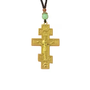 Orthodox Cross Necklace Gold Eastern Orthodox Crucifix Pendant Wooden Beads Chain Religious Jewelry Portable Accessory for Men Women