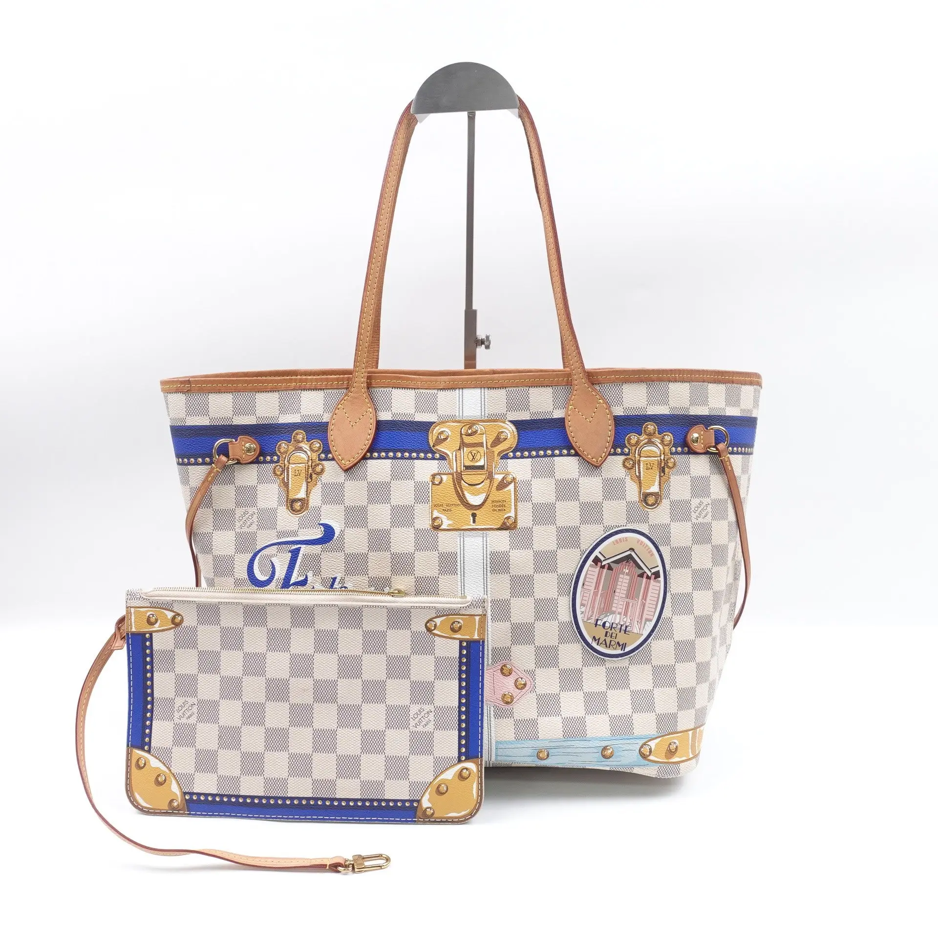 Pre-owned Louis Vuitton Damier Azur coated canvas Tote Bag Neverfull MM Damier Azur Canvas with Pouch T10391755