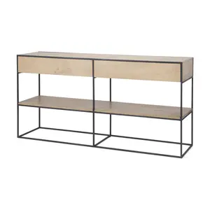 HomeRoots 605608 63 in. Natural & Black Solid Wood & Metal Frame Console Table with Shelf & with Two Drawers