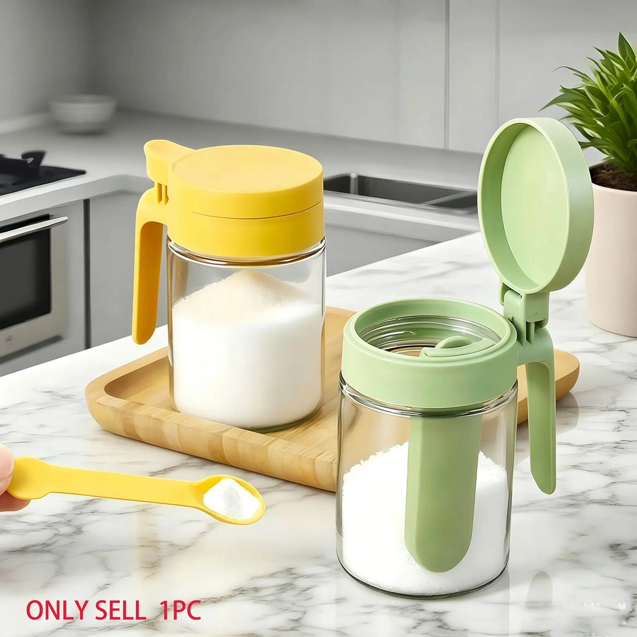New Sealed Seasoning Jar, Kitchen Glass Home Use Salt Container with Spoon and Lid, Convenient Moisture-Proof Seal, Easy to Use, Spice Containers, Salt Holder, Kitchen Gadgets, Salt Dispenser, Canister