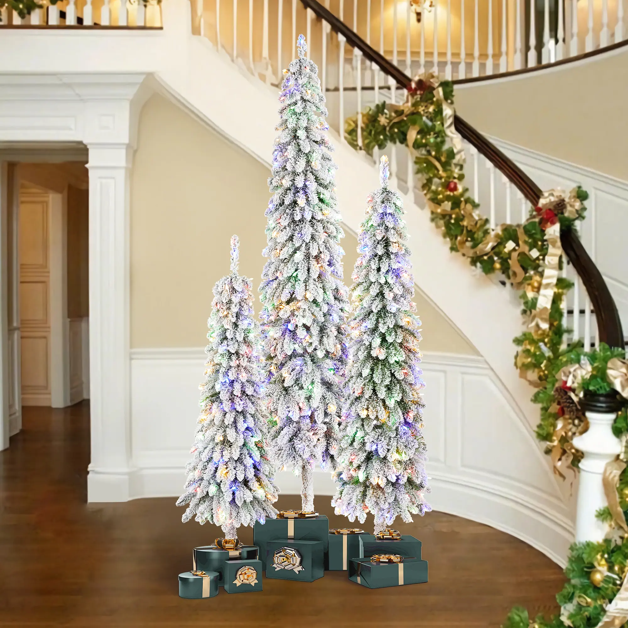 【Christmas in July】 Glitzhome 4.5ft/6ft/7.5ft Pre-Lit Flocked Artificial Christmas Tree with 100/150/250 Warm White C3 Clear LED Lights,9 function w/Foot Pedal