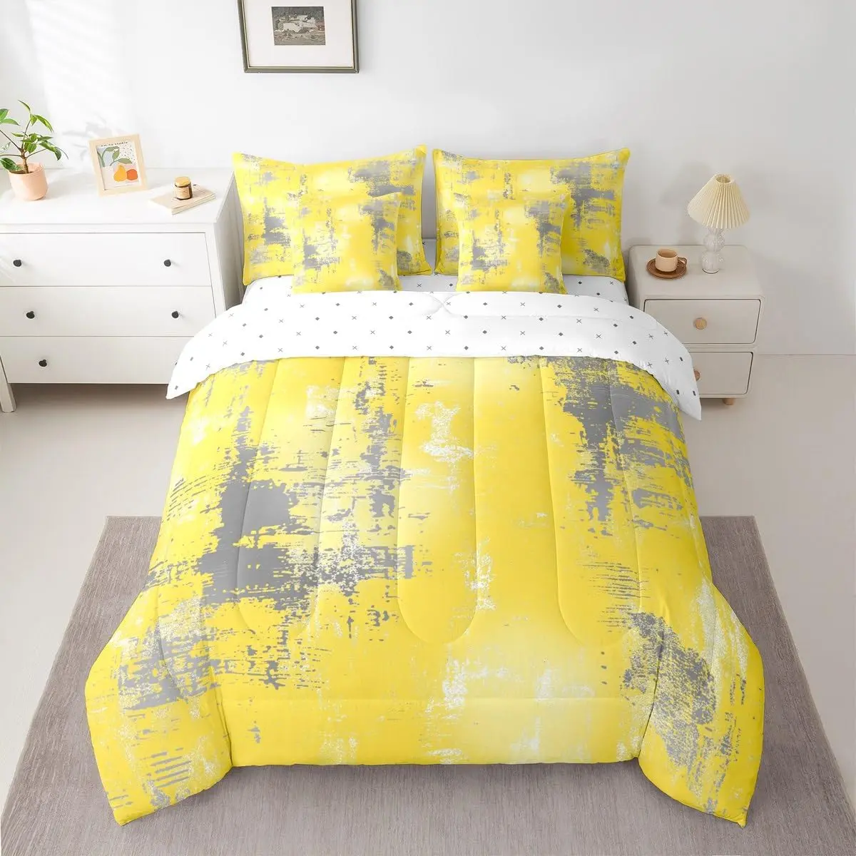 Abstract Comforter Set with Sheets Modern Abstract Art 7 Pieces Bedding Set Yellow Gray Bed in a Bag Luxury Room Decor Geometric Soft Lightweight Microfiber