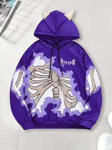 Men's Halloween Street Style Streetwear Hoodie, Letter & Skeleton Print Long Sleeve Casual Fleece Pullover Sweatshirts, Warm Fall Winter Fashion