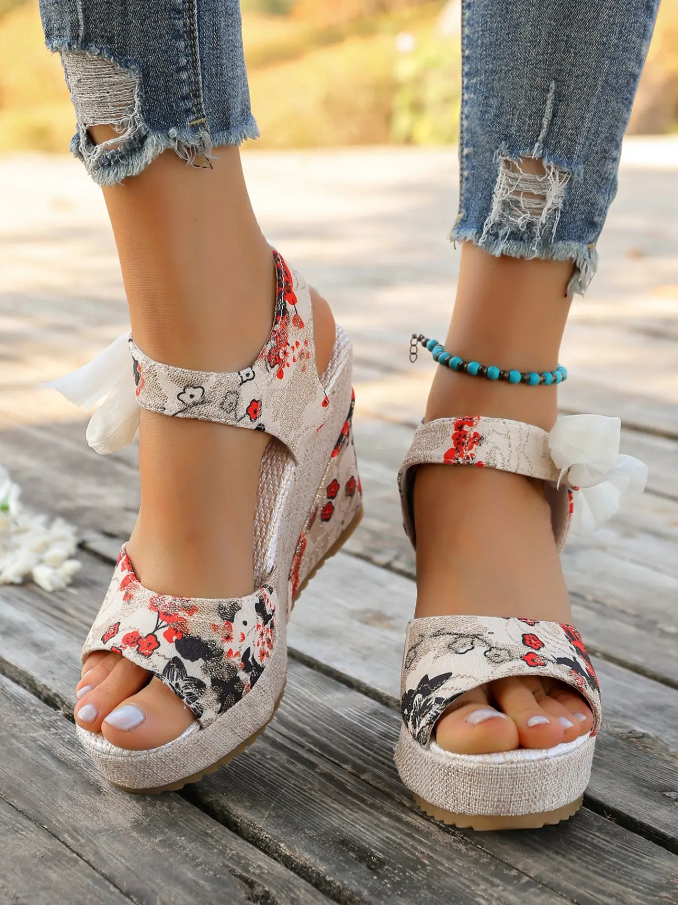 Women's Floral Bowknot Design Floral Wedges Sandals Bow Back Strap Design Casual Outdoor Slip-On Slippers, Comfortable Summer Footwear