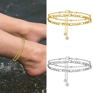2Pcs Boho Stainless Steel Anklet Set For Women Silver Color Ankle Bracelet Cuban Link Chain On Leg Foot Female Beach Jewelry