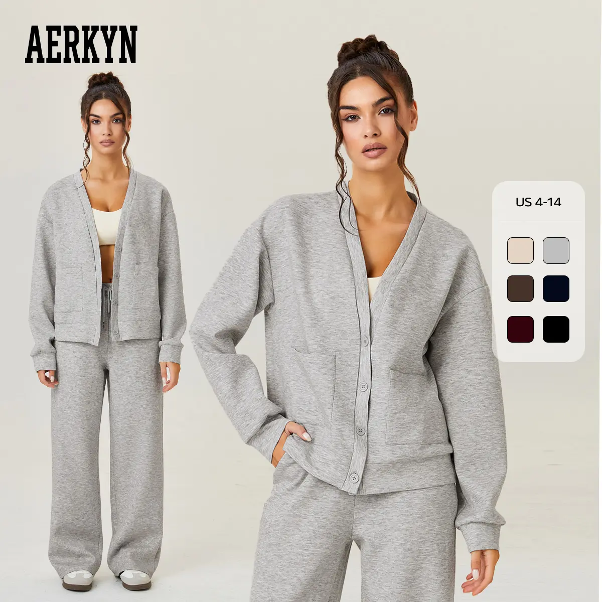 Women's Slouchy Solid Color V Neck Long Sleeve Button Cardigan & Drawstring Waist Trousers Co-ord, Soft Two Piece Outfits for Fall & Winter (CN)